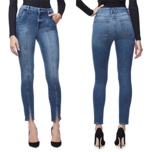 Good American Good Waist Split Hem Slim Fit High Rise Jeans, Size 0/25 Blue 118 - Picture 1 of 9